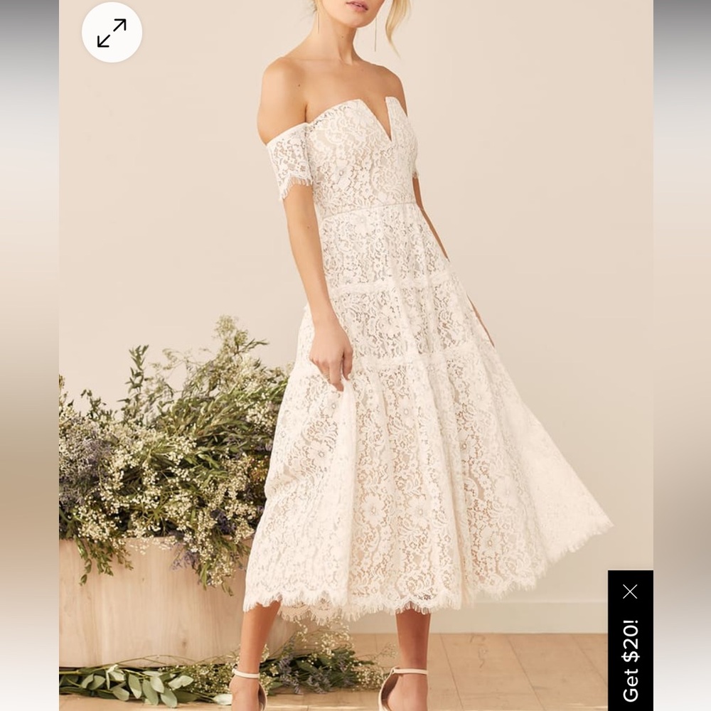 Lulu’s size small white lace off the shoulder midi dress